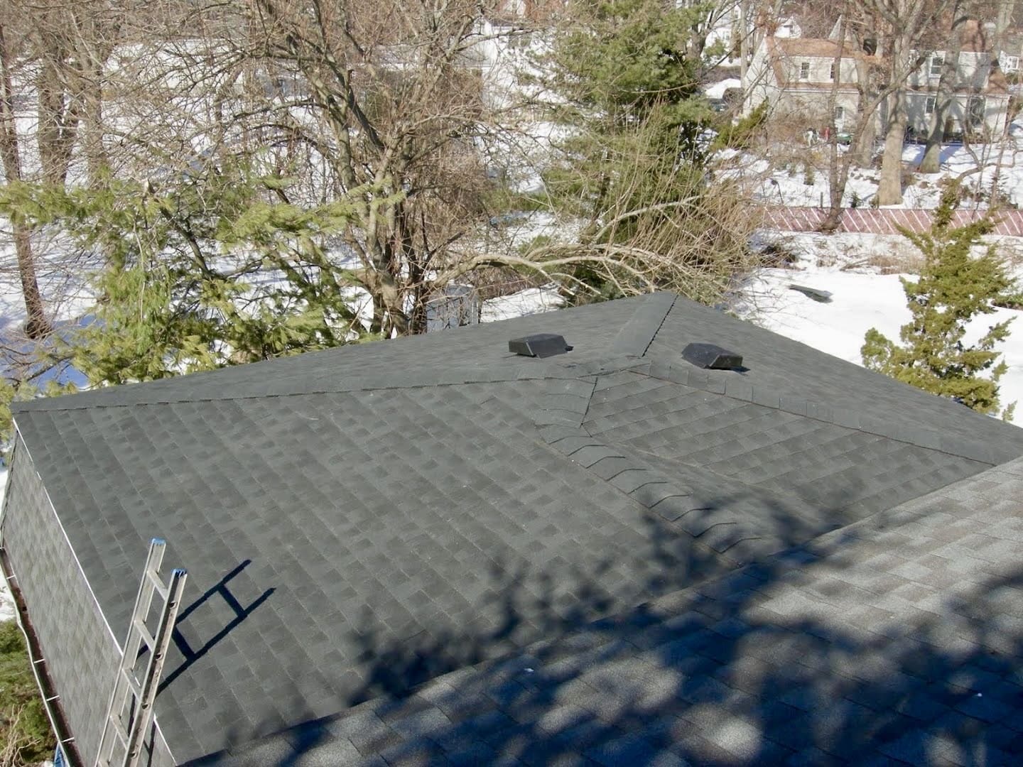 A roof with black shingles and snow in the background