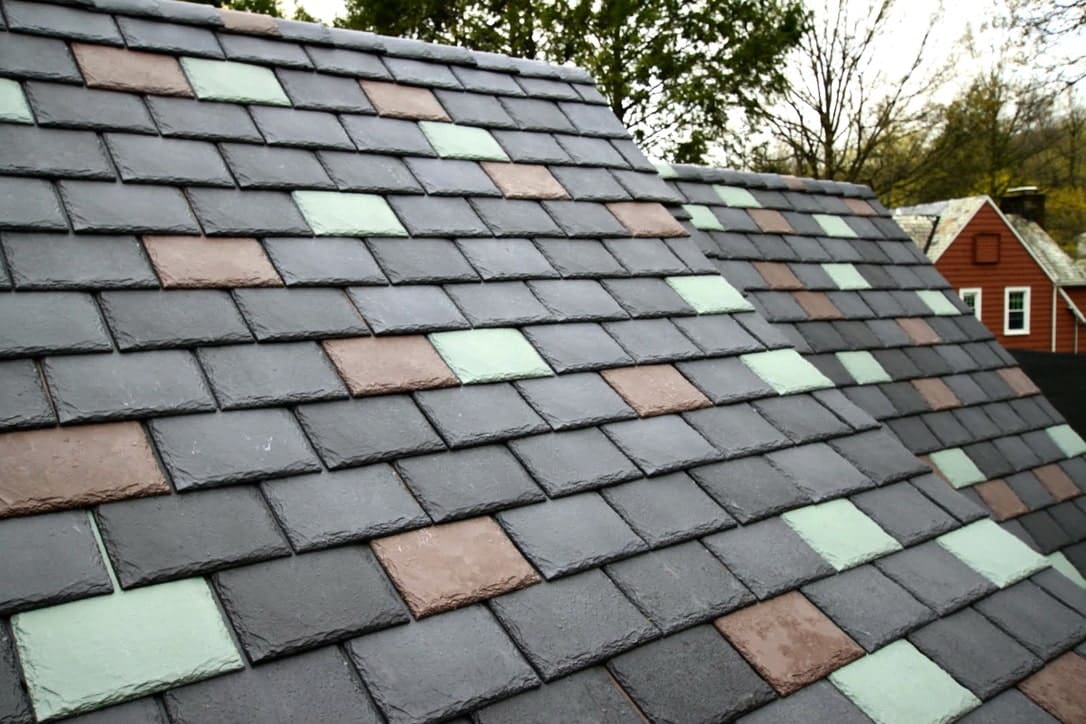 A close up of the roof tiles on a house